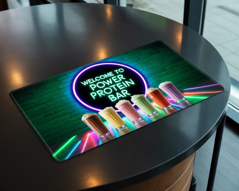 Holographic counter mat with shimmering custom-printed design