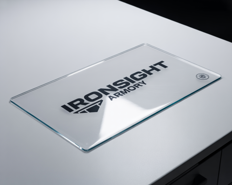 Clear transparent counter mat with custom printed logo on polished vinyl