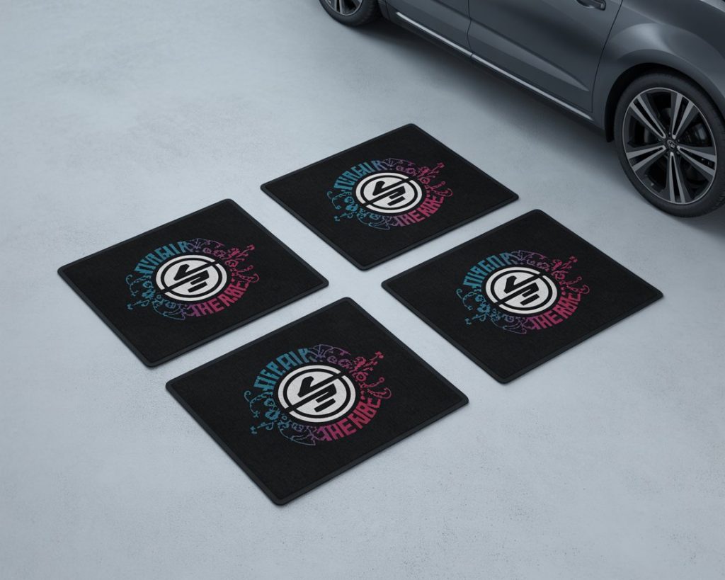 Counter mats for retail checkout displaying a store promotion in New York