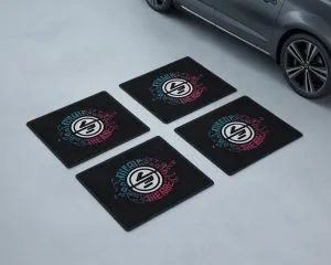 Counter mats for retail checkout displaying a store promotion in New York