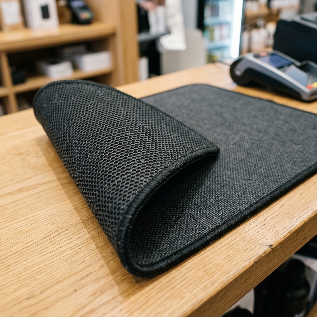 Rubber backing material used on a retail counter mat