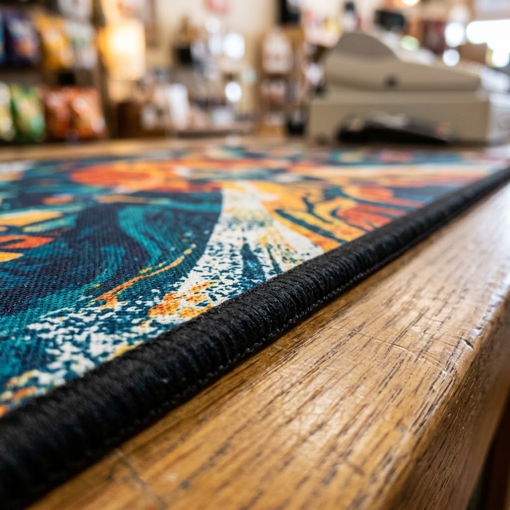 Sealed edge on a retail counter mat that resists fraying