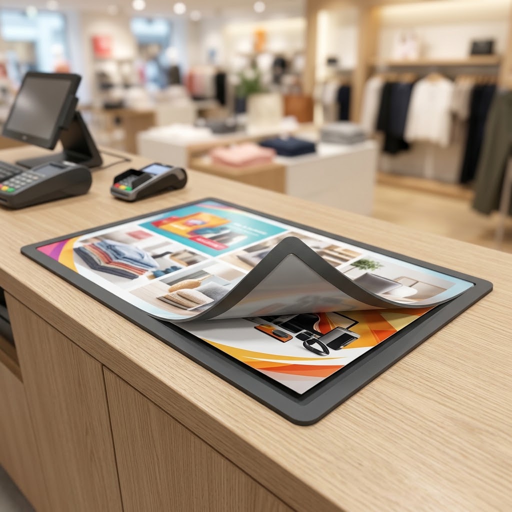 Interchangeable insert on a retail counter mat for easy updates