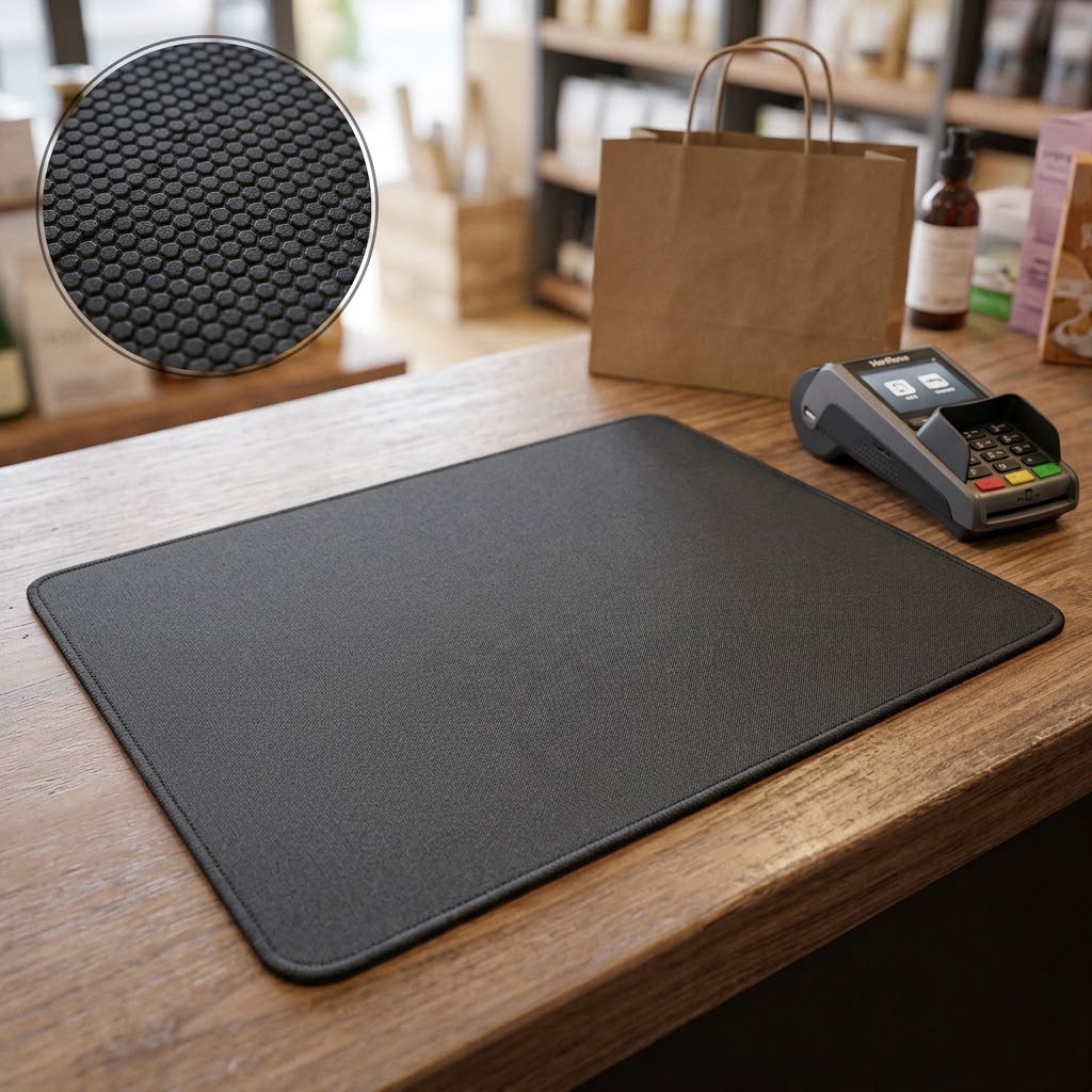 Non-skid backing keeping a retail counter mat stable on the counter