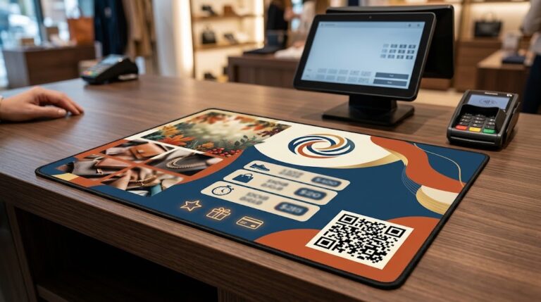 Custom printed counter mat artwork with logo, QR code and promotional design elements