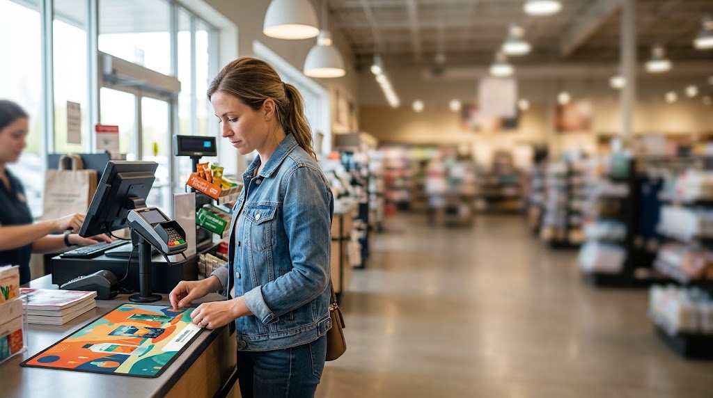 Custom printed retail counter mat displayed on a checkout counter