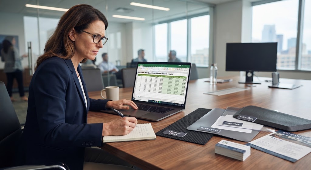 A business buyer analyzing a complex volume pricing spreadsheet next to several high-quality counter mat material samples.