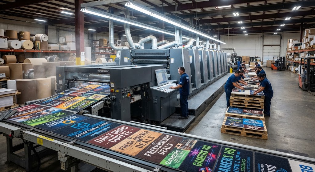 Massive bulk production run of full-color counter mats rolling off a large scale industrial printing press.