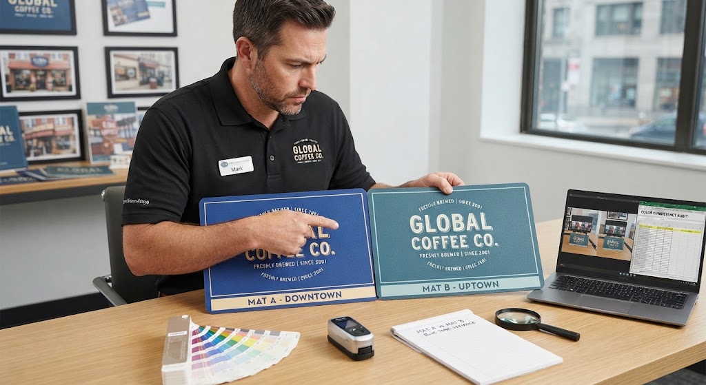 Franchise regional manager inspecting two slightly mismatched counter mats from different store locations to check color consistency.