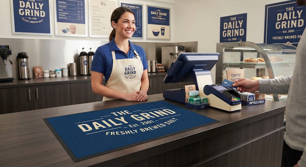 A standardized franchise storefront checkout counter featuring the perfectly color-matched official corporate counter mat.