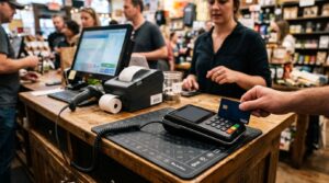 POS counter mat size measurement with card reader and receipt printer positioned on a retail checkout counter