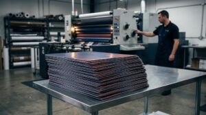 Stack of freshly printed custom counter mats on a production table inside a commercial print shop, with an industrial printing press visible in the background.