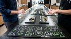 Dispensary counter mats with antimicrobial surface and compliant product messaging at a cannabis retail counter