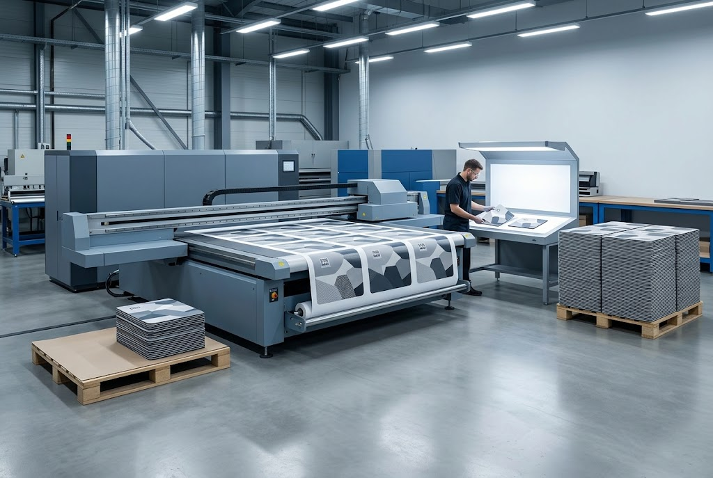 Counter mat minimum order quantity explained: wide-format press printing custom mats with a technician reviewing print samples.