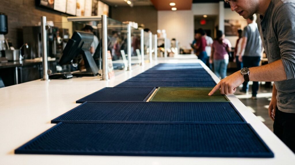 Franchise counter mats rolled out across multiple locations with consistent branded design and uniform sizing