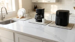 Kitchen counter protector mats under a dish rack, coffee maker and air fryer on a white quartz countertop